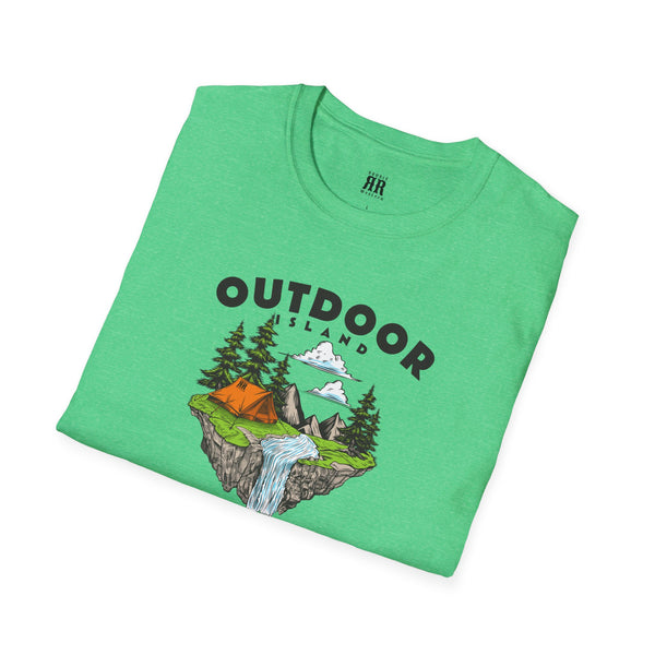 Outdoor comfort tee with “OUTDOOR ISLAND” graphic, heather green crew neck