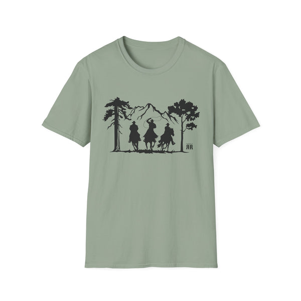 Sage green crew neck T-shirt with western rider silhouette graphic on chest