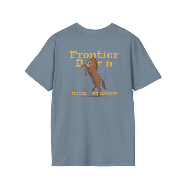 Steel blue western graphic tee back with rider graphic and "Ride Strong" text