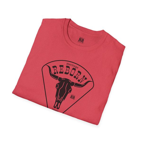 Red crewneck t-shirt with REBORN Heritage cowboy graphic
