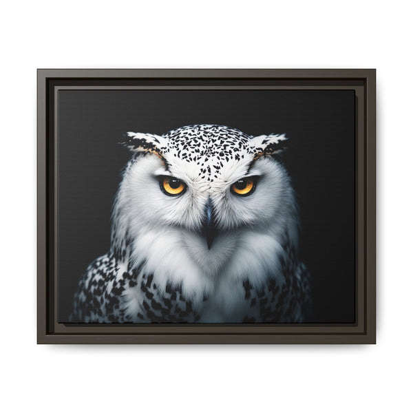 Framed owl canvas with white spotted head and yellow eyes; espresso-brown border frame
