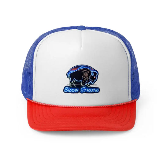 Bison Strong Midnight Edition Trucker Hat – Neon Western Bison Cap (Black Royal Red/White/Blue) | Double R Western™