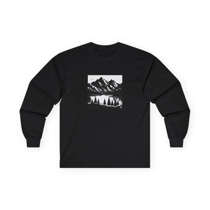 Black Silhouette Mountain Scene Long Sleeve T Shirt – Western Nature Lake & Pines | Double R Western™ S / Black Long