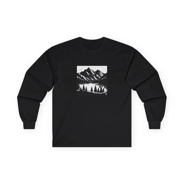Black Silhouette Mountain Scene Long Sleeve T Shirt – Western Nature Lake & Pines | Double R Western™ S / Black Long
