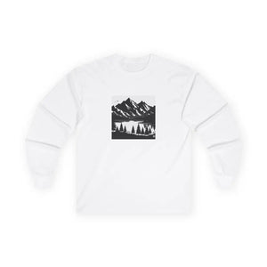 Black Silhouette Mountain Scene Long Sleeve T Shirt – Western Nature Lake & Pines | Double R Western™ S / White Long