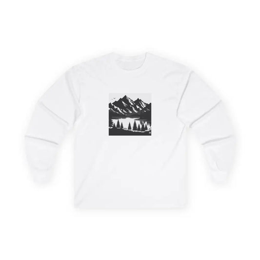 Black Silhouette Mountain Scene Long Sleeve T Shirt – Western Nature Lake & Pines | Double R Western™ S / White Long
