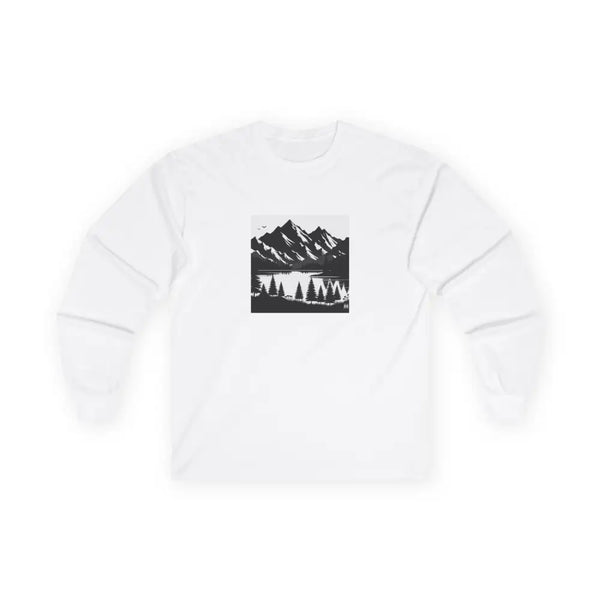 Black Silhouette Mountain Scene Long Sleeve T Shirt – Western Nature Lake & Pines | Double R Western™ S / White Long