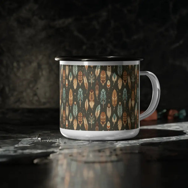 Boho Feather Trail Enamel Camp Mug Perfect for Camping & Outdoor Adventures 12oz / Black Rim Mug