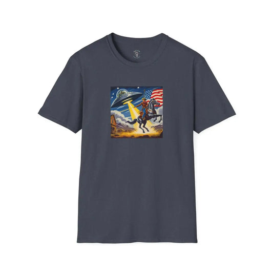 Cosmic Cowboy Adventure T Shirt – Gildan 6400 Softstyle | Double R Western™ Heather Navy / XS T Shirt
