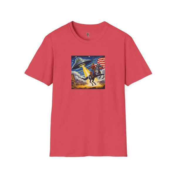 Cosmic Cowboy Adventure T Shirt – Gildan 6400 Softstyle | Double R Western™ Heather Red / S T Shirt