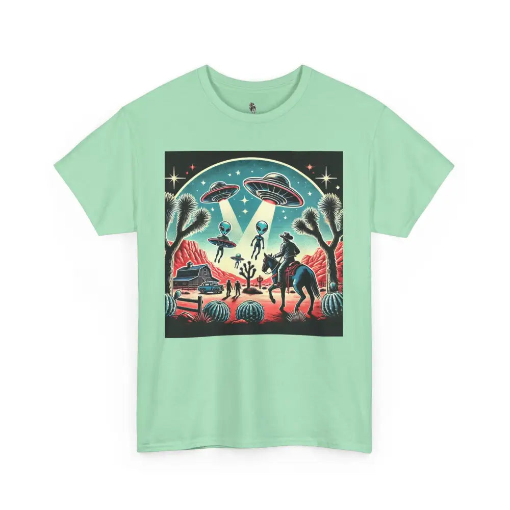 ’Cosmic Cowboys: Desert Showdown’ -Double R Western™ - Basic Heavy Cotton Tee - Mint Green / S - T-Shirt