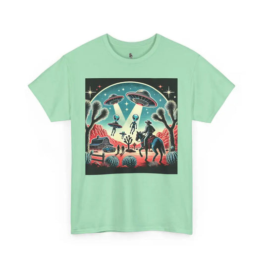 ’Cosmic Cowboys: Desert Showdown’ -Double R Western™ - Basic Heavy Cotton Tee - Mint Green / S - T-Shirt