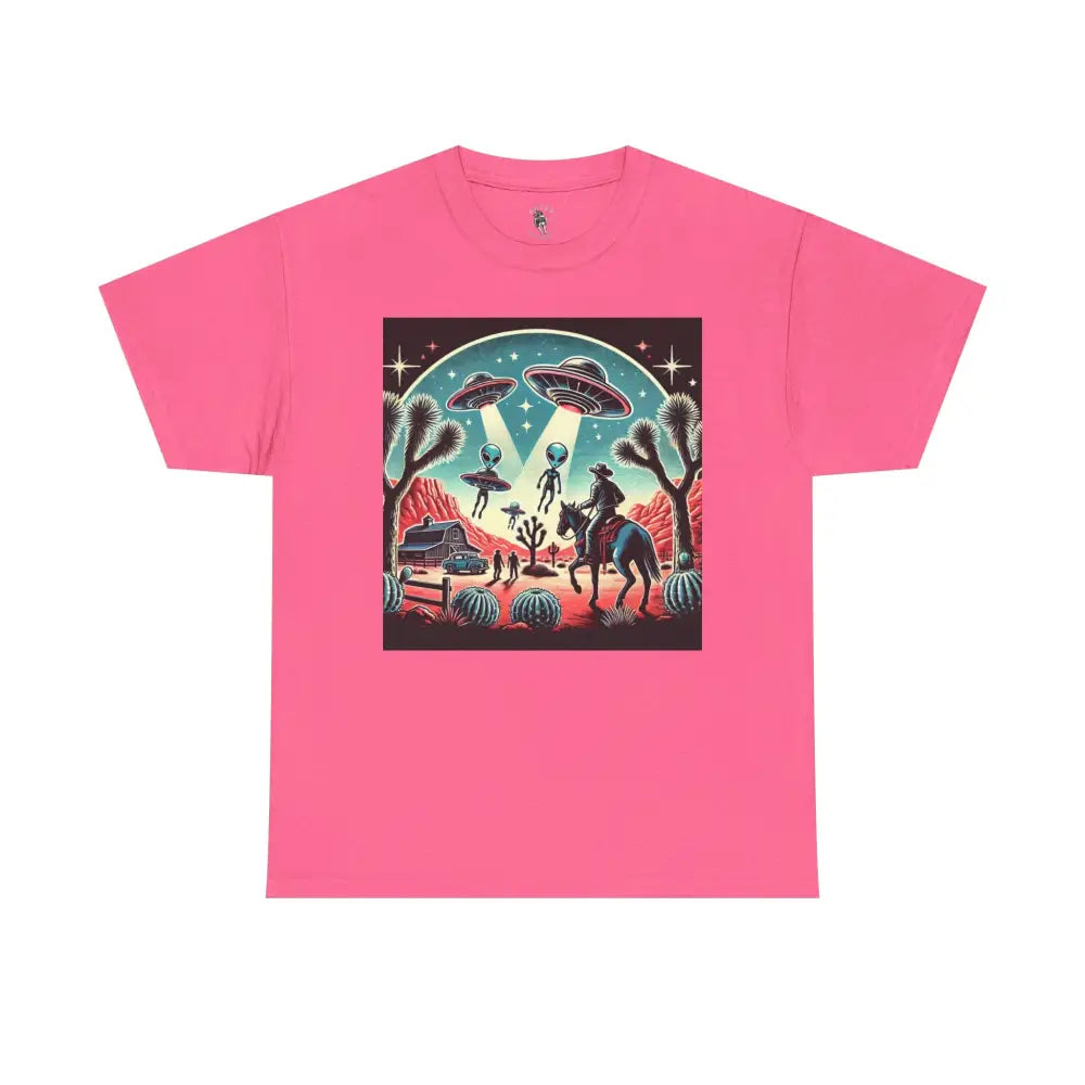 ’Cosmic Cowboys: Desert Showdown’ -Double R Western™ - Basic Heavy Cotton Tee - Safety Pink / S - T-Shirt
