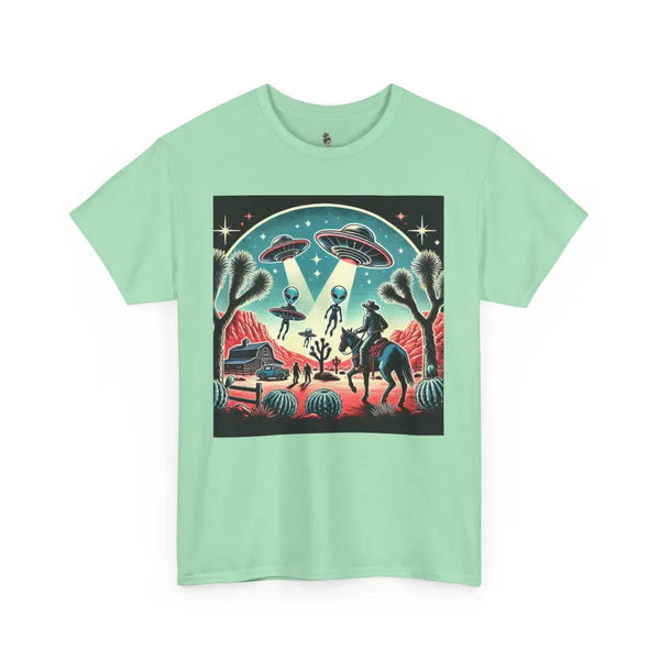 ’Cosmic Cowboys: Desert Showdown’ Double R Western™ Basic Heavy Cotton Tee Mint Green / S T Shirt