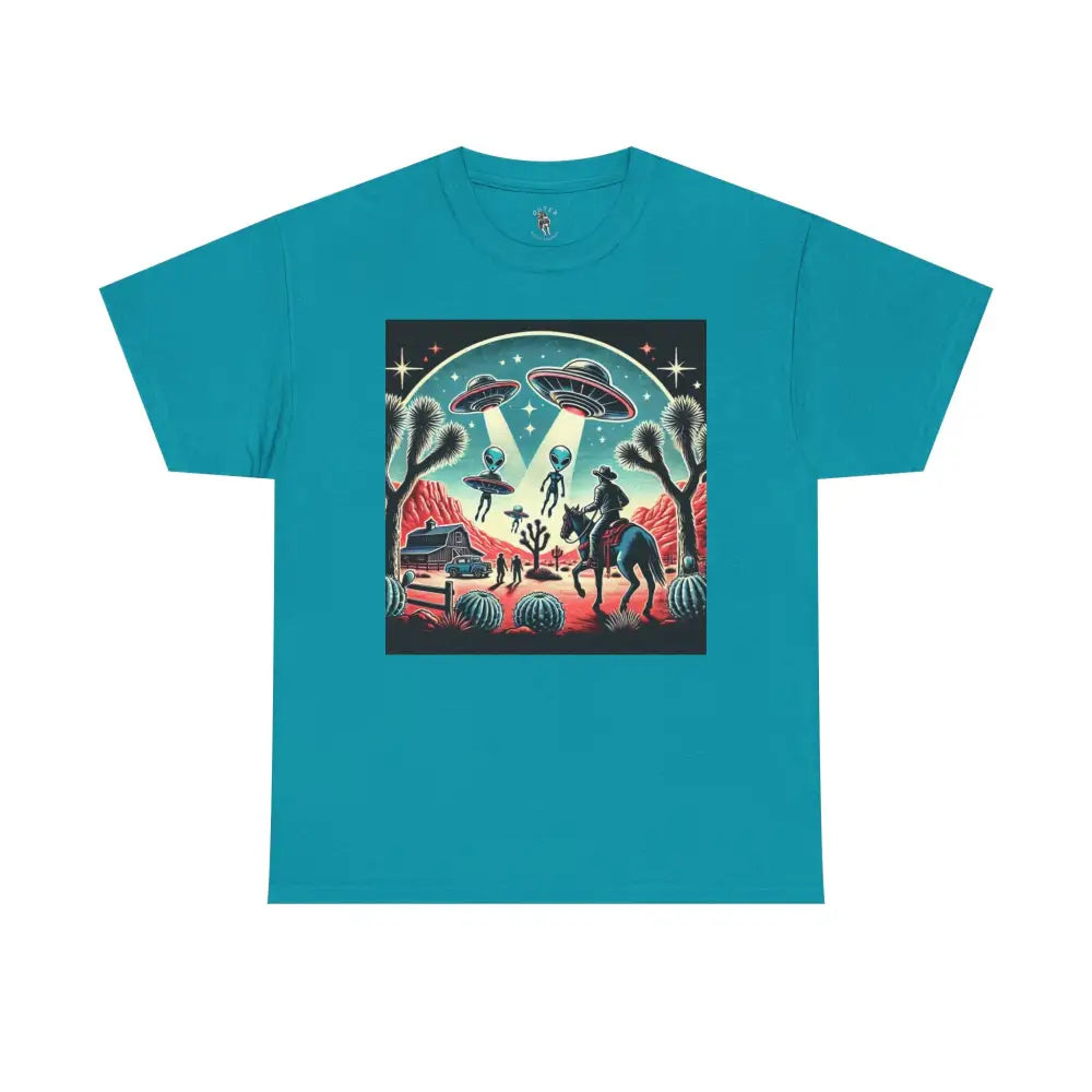 ’Cosmic Cowboys: Desert Showdown’ -Double R Western™ - Basic Heavy Cotton Tee - Tropical Blue / S - T-Shirt