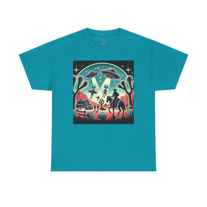 ’Cosmic Cowboys: Desert Showdown’ -Double R Western™ - Basic Heavy Cotton Tee - Tropical Blue / S - T-Shirt