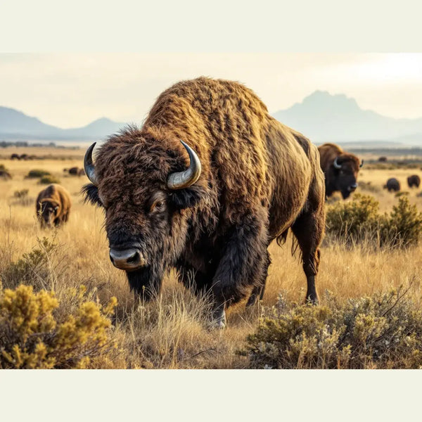 American bison with shaggy brown fur and curved horns standing in tall grass