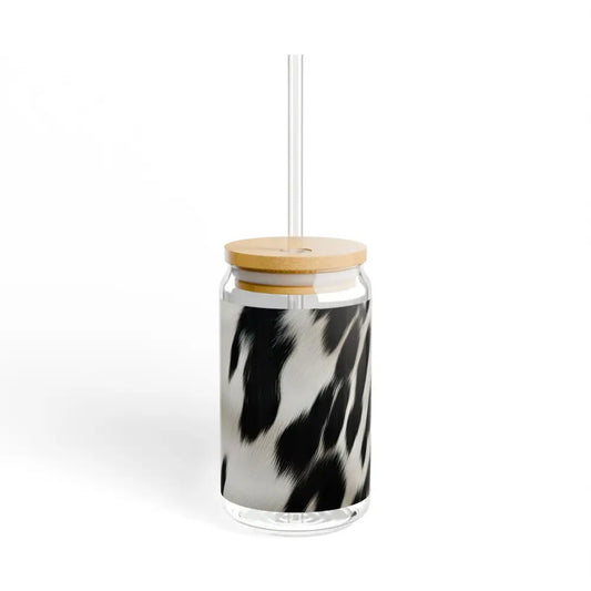 ’Double R Western Cow Print’ Glass Sipper 16oz - With lid and straw / 16oz - Mug