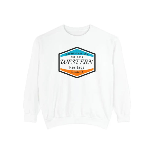Double R Western™ Heritage Unisex Garment Dyed Sweatshirt – | Western Style Crewneck | Tetonia ID White / L Sweatshirt
