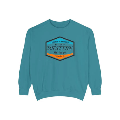 Double R Western™ Heritage Unisex Garment Dyed Sweatshirt – | Western Style Crewneck | Tetonia ID Topaz Blue / S