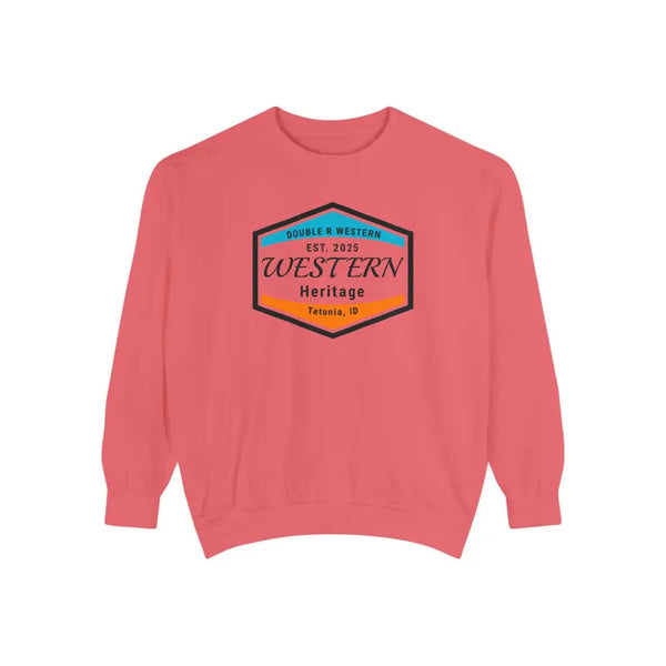 Double R Western™ Heritage Unisex Garment Dyed Sweatshirt – | Western Style Crewneck | Tetonia ID Watermelon / S
