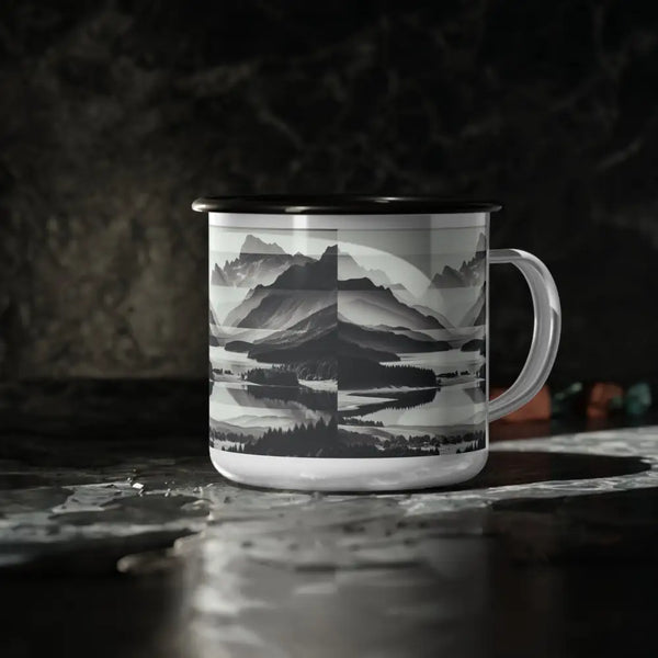 ’Embrace the Wilderness’ Double R Western abstract Enamel Camp Cup 12oz / Black Rim Mug