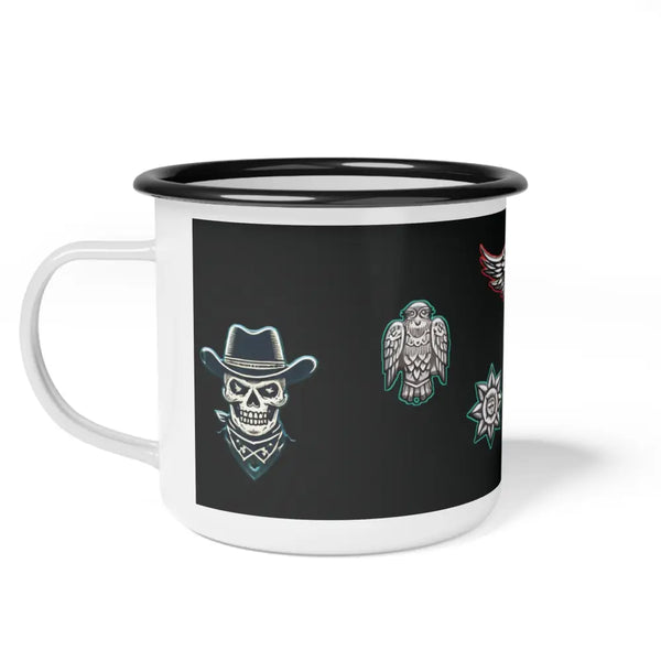 ’Frontier Legend’ Double R Western Enamel Camp Cup 12oz / Black Rim Mug