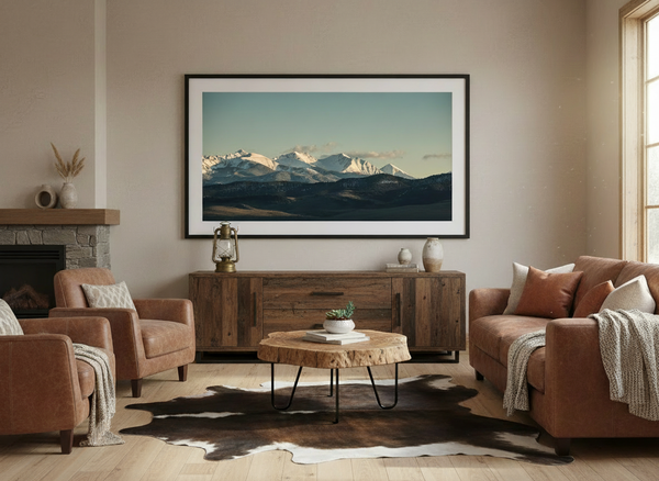 Black-framed landscape art print with mountain range and blue sky