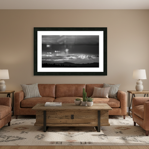 Framed black-and-white St. Helens panoramic wall art displayed in a western-style living room with rustic decor