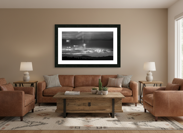 Framed black-and-white St. Helens panoramic wall art displayed in a western-style living room with rustic decor