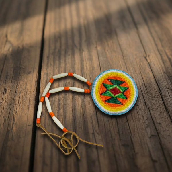 Beaded medallion necklace with round multicolor geometric pendant and white bead strands