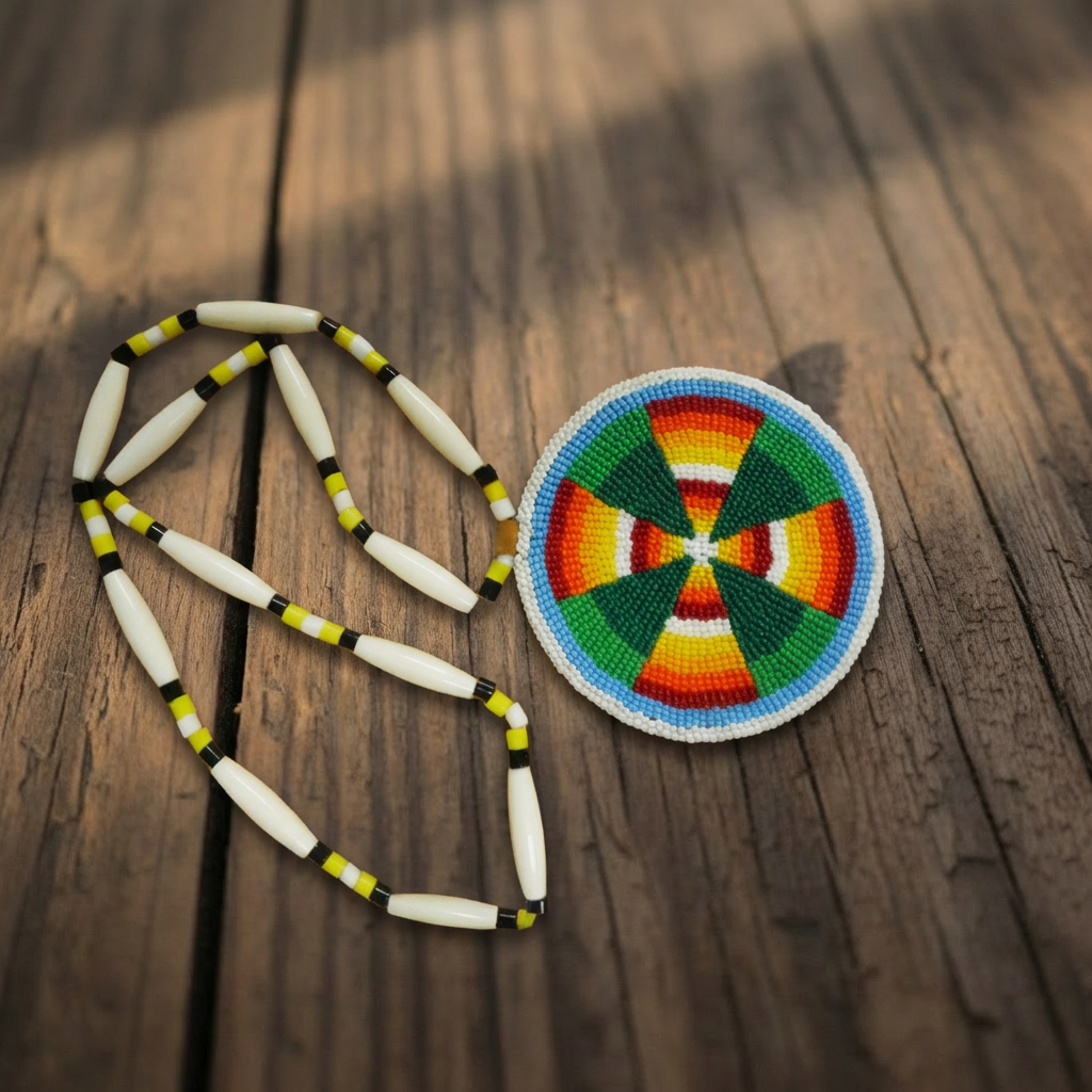 Limited Edition 1 of 1 – Beaded Green Fire Geo Medallion Necklace – Nathaniel Barney