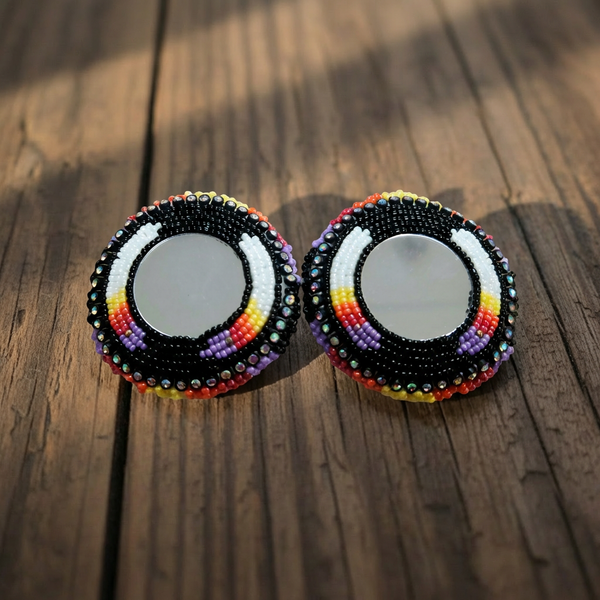 Beaded mirror earrings with black beaded border and colorful rainbow accents, round stud