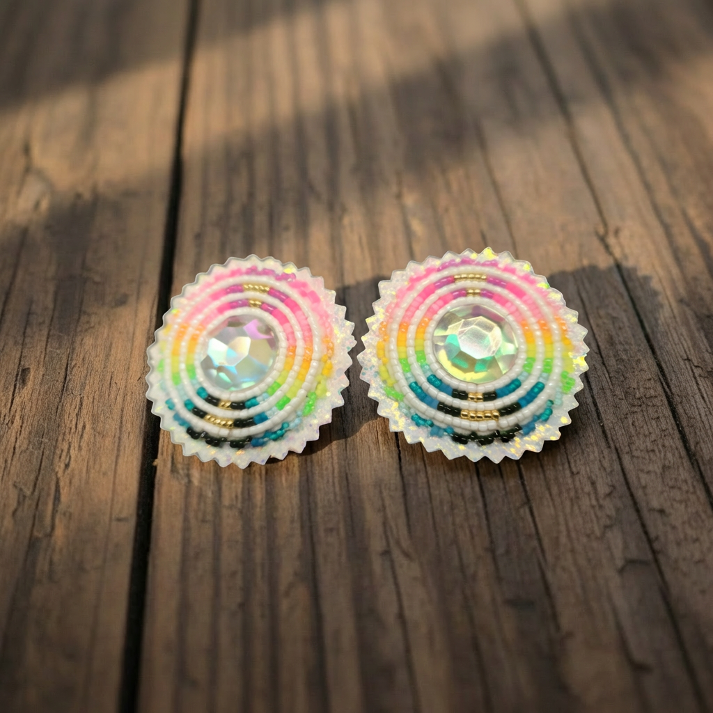 Hand-beaded white neon stud earrings with iridescent crystal centers on a wooden surface.