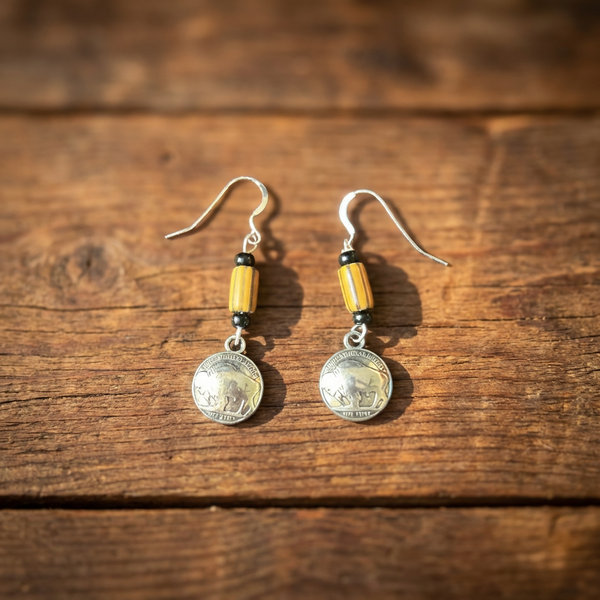 Yellow trade bead earrings with black bead and buffalo nickel coin dangles