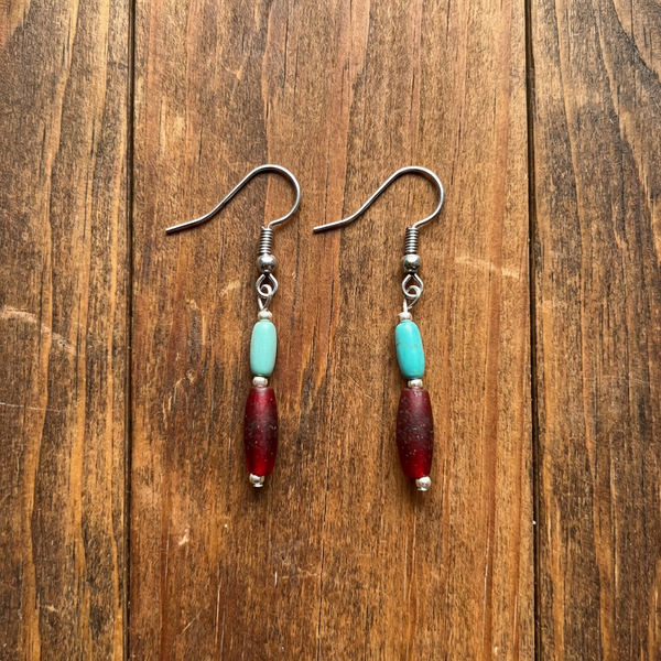 Sterling silver drop earrings with turquoise and red beads and hooked ear wires