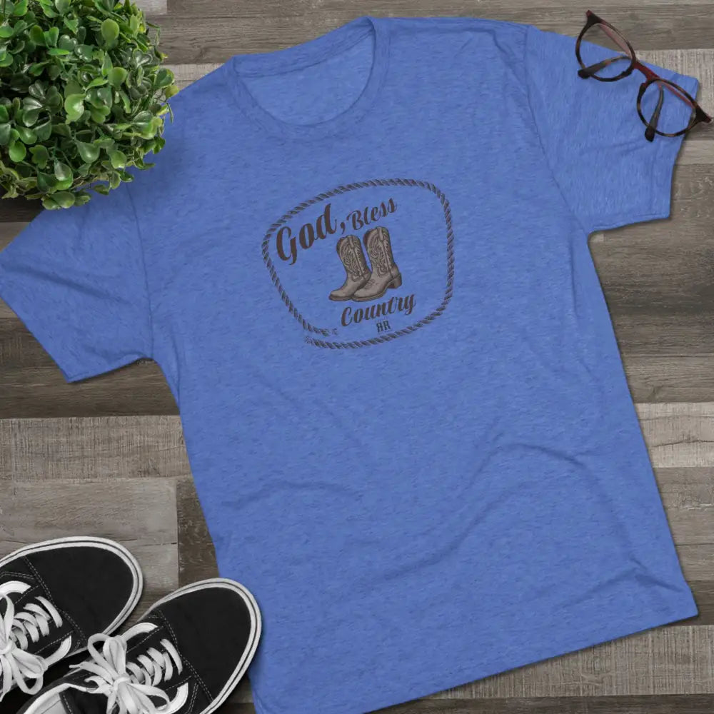 ’God Bless Country Heritage Tee’ Double R Western’s T Shirt Tri Blend Crew Tee S / Tri Blend Vintage Royal T Shirt