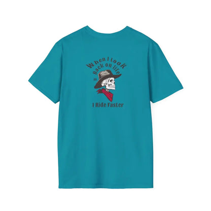 ’Grim Rider looking back’ BACK DESIGN Double R Western’s™ Softstyle T Shirt S / Tropical Blue T Shirt