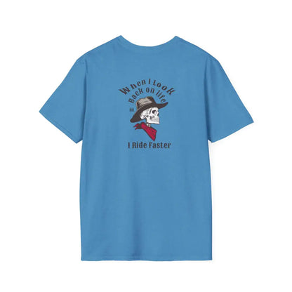 ’Grim Rider looking back’ BACK DESIGN Double R Western’s™ Softstyle T Shirt S / Heather Sapphire T Shirt