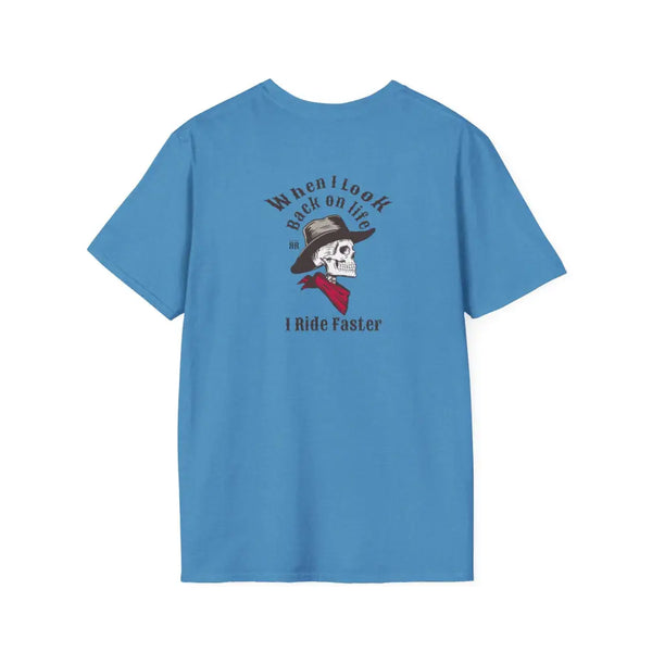 ’Grim Rider looking back’ BACK DESIGN Double R Western’s™ Softstyle T Shirt S / Heather Sapphire T Shirt