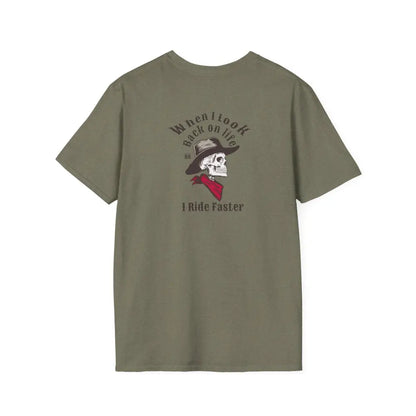 ’Grim Rider looking back’ BACK DESIGN Double R Western’s™ Softstyle T Shirt S / Heather Military Green T Shirt
