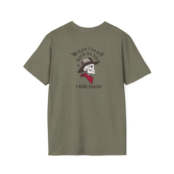 ’Grim Rider looking back’ BACK DESIGN Double R Western’s™ Softstyle T Shirt S / Heather Military Green T Shirt