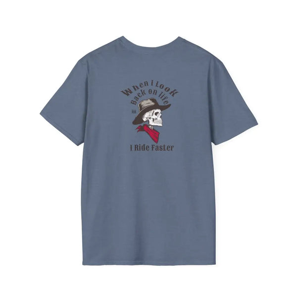 ’Grim Rider looking back’ BACK DESIGN Double R Western’s™ Softstyle T Shirt S / Heather Indigo T Shirt