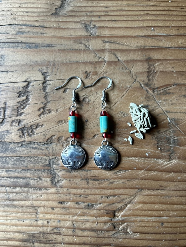 Silver buffalo nickel coin drop earrings with turquoise and red beads, fishhook backs.