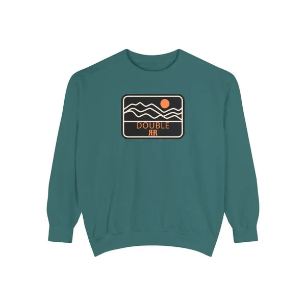 Teal sweatshirt with front Double R logo patch and graphic waves