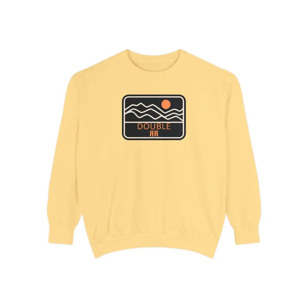 Yellow sweatshirt with front Double R logo patch and graphic waves