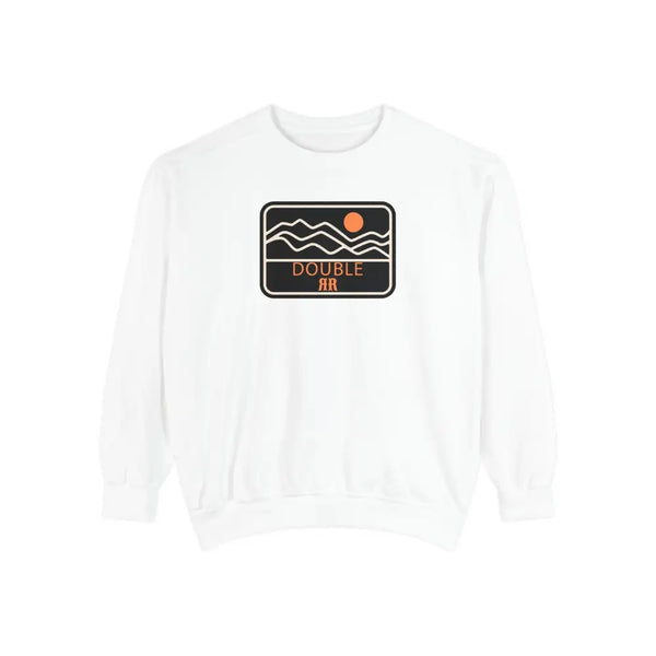White sweatshirt with front Double R logo patch and graphic waves