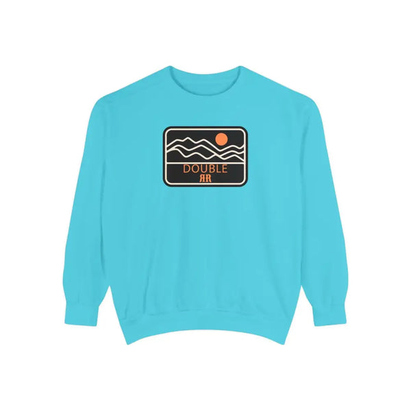 Blue sweatshirt with front Double R logo patch and graphic waves
