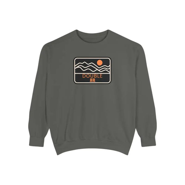 Dark gray sweatshirt with front Double R logo patch and graphic waves