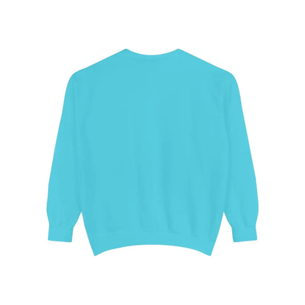 Turquoise sweatshirt back view with crew neckline and long sleeves
